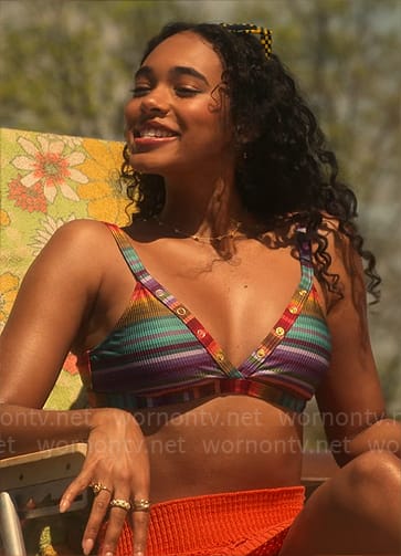 Tabby's striped bikini and orange crochet skirt on Pretty Little Liars Original Sin