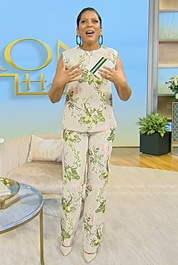 Tamron's floral jacquard top and pants on Tamron Hall Show