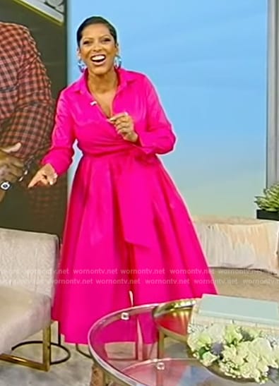 Tamron's pink bow front dress on Tamron Hall Show
