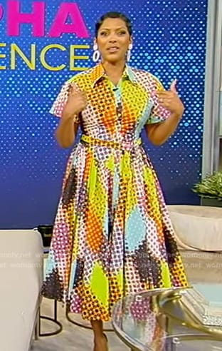 Tamron's multicolored printed shirtdress on Tamron Hall Show