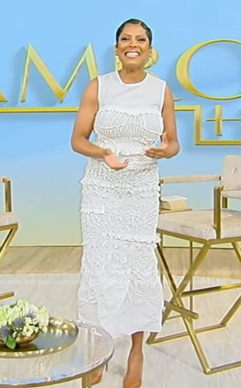 Tamron's white smocked frill dress on Tamron Hall Show