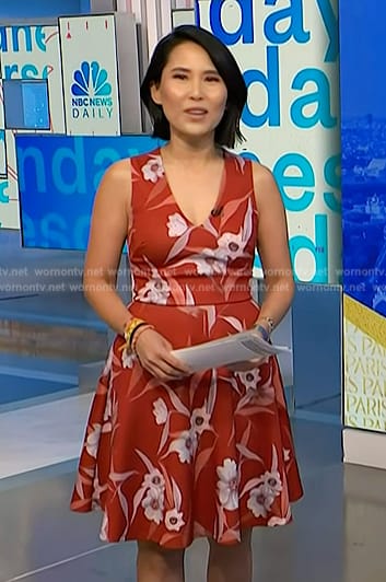 Vicky's red floral sleeveless dress on NBC News Daily