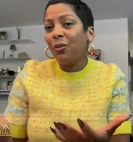Tamron's yellow tweed short sleeve sweater on Tamron Hall Show