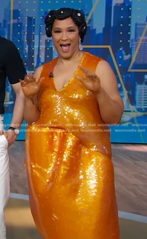 Golda Rosheuvel's orange sequin dress on Good Morning America