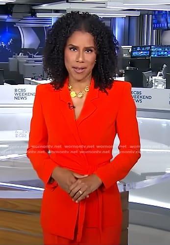 Adriana Diaz's red wrap blazer and pants on CBS Evening News