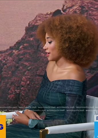 Amandla Stenberg's green printed off-shoulder dress on Good Morning America