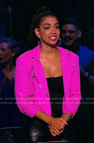 Corinne's pink sequin moto jacket and leather pants on Beat Shazam