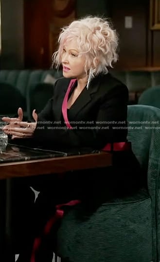 Cyndi Lauper's black belted blazer and pants on Good Morning America