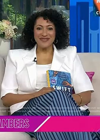 Essie Chambers's white short sleeve blazer and blue striped skirt on Today