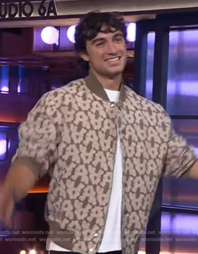 Ezra Frech's brown printed bomber jacket on The Kelly Clarkson Show