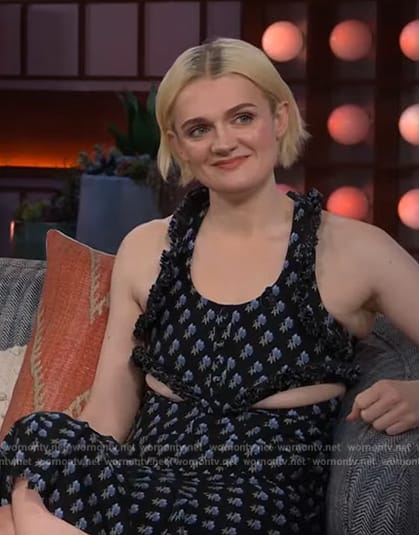 Gayle Rankin's navy floral print skirt on The Kelly Clarkson Show
