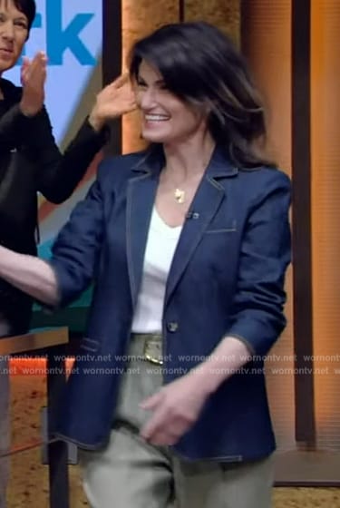 Idina Menzel's denim ruched sleeve blazer on Live with Kelly and Mark