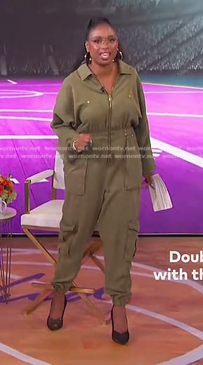 Jennifer's khaki green utility jumpsuit on The Jennifer Hudson Show