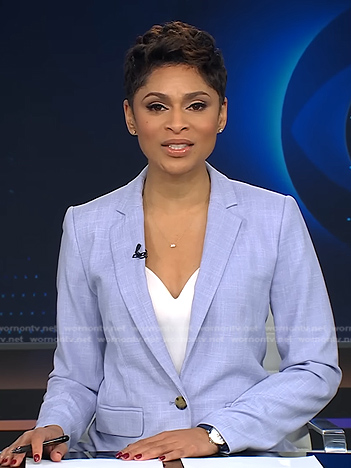Jericka's blue blazer and pant suit on CBS Evening News