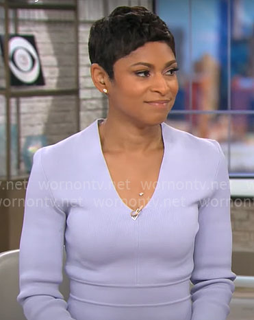 Jericka Duncan's lavender v-neck dress on CBS Mornings