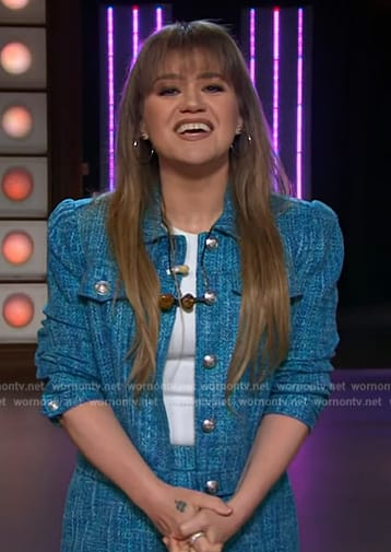 Kelly's blue tweed jacket and shorts on The Kelly Clarkson Show