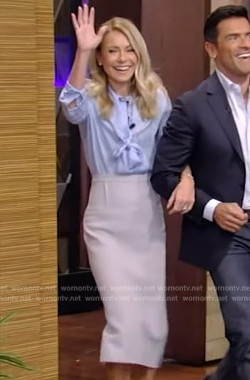 Kelly's blue tie neck blouse and skirt on Live with Kelly and Mark