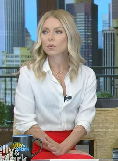 Kelly's white striped blouse and red skirt on Live with Kelly and Mark