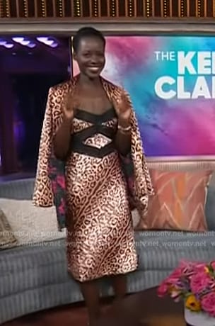 Lupita's leopard print lace trim dress and blazer on The Kelly Clarkson Show