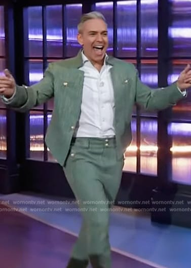 Matthew Rodriguez's green tweed jacket and pants on The Kelly Clarkson Show