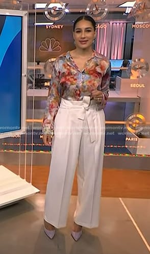 Morgan's floral blouse and white wide-leg pants on NBC News Daily