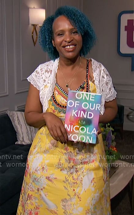 Nicola Yoon's yellow floral maxi dress on The Talk