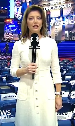 Norah's white tweed dress on CBS Evening News