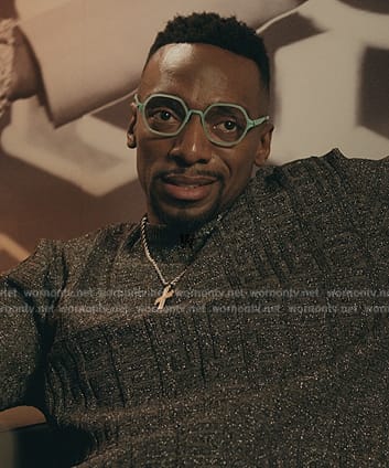 Pastor Ezekiel's gray monogram jacquard sweater on The Chi