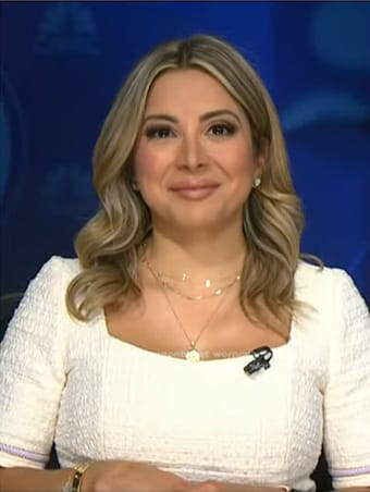 Silvana Henao's white square neck tweed dress on NBC News Daily