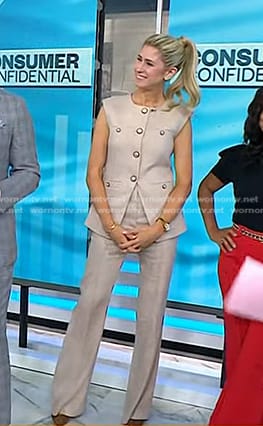Stefani Berkin's beige button up vest top and pants on Today