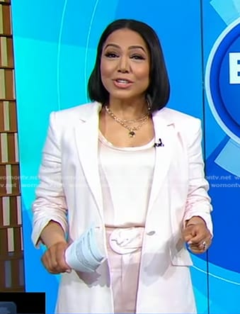 Stephanie's blush pink ruched sleeve blazer and  shorts on Good Morning America
