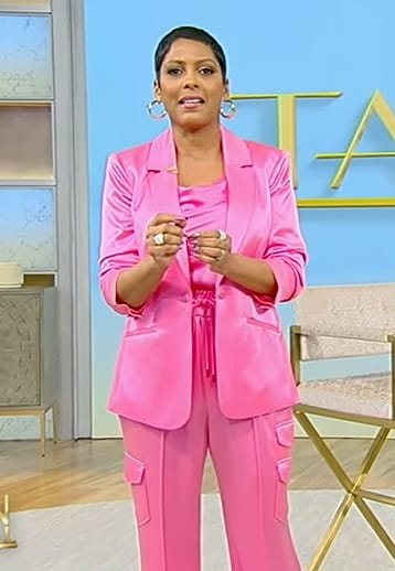 Tamron's pink satin blazer and pants on Tamron Hall Show