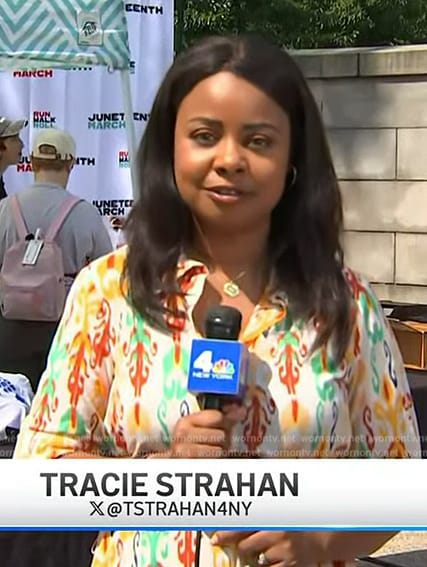 Tracie Strahan's printed shirtdress on NBC News Daily