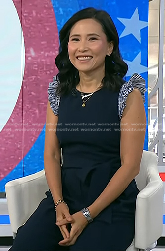 Vicky's navy ruffle shoulder jumpsuit on Today