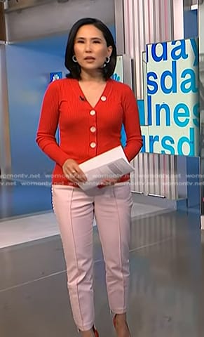 Vicky's red ribbed cardigan and pink pants on NBC News Daily