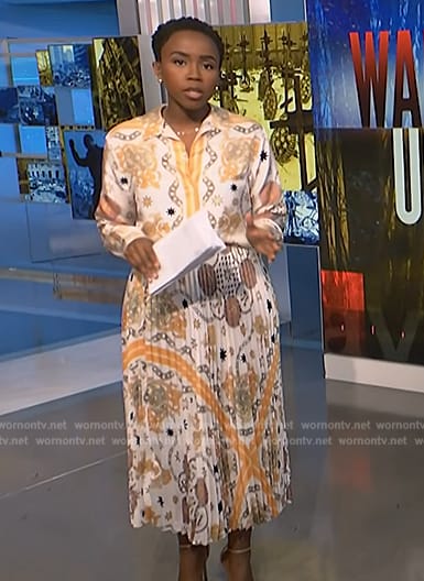 Zinhle's white print shirt and pleated skirt on NBC News Daily