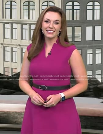 Molly McCollum's purple cap sleeve belted dress on CBS Evening News