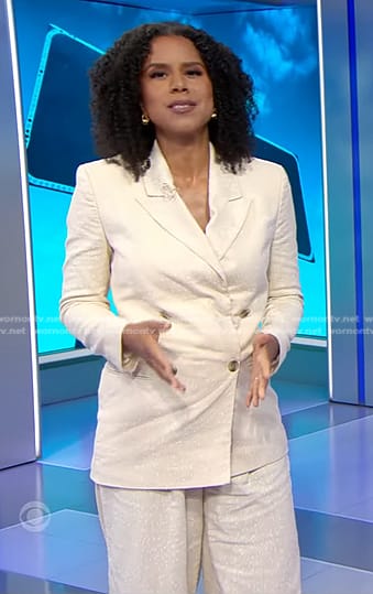 Adriana Diaz's ivory print blazer and pants on CBS Evening News
