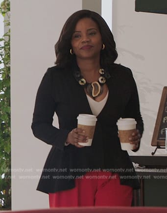 Amara's black peplum hem blazer on All American Homecoming