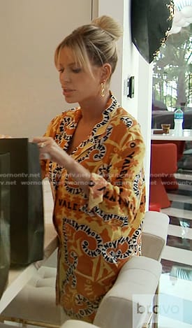 Caroline's orange printed pajama shirt on The Real Housewives of Dubai