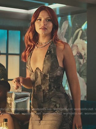 Chloe's newspaper print halter top and skirt on Elite