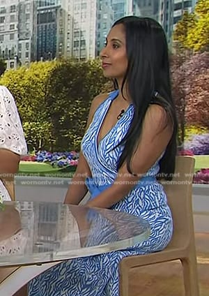 Dr. Roshini Rajapaksa's blue printed sleeveless wrap dress on Today