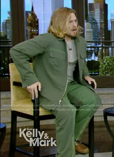 Dylan Sprouse's green two-tone jacket and pants on Live with Kelly and Mark