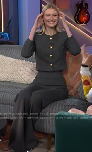 Elizabeth Debicki's gray button jacket and pants on The Kelly Clarkson Show