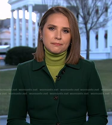 Elizabeth Schulze's green coat on Good Morning America