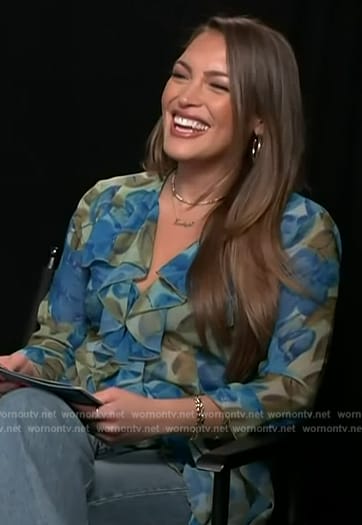 Emily Orozco's blue floral print blouse on Access Hollywood