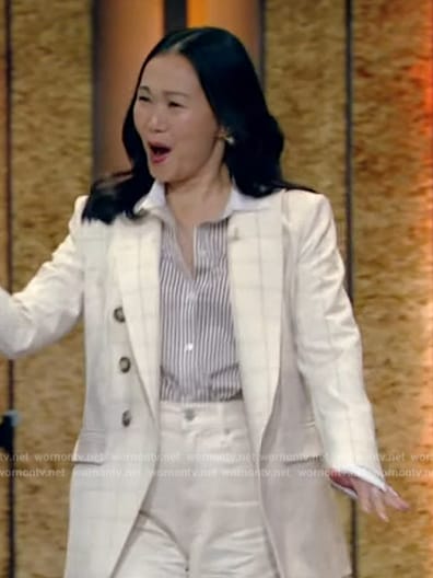 Hong Chau's white windowpane double breasted blazer on Live with Kelly and Mark