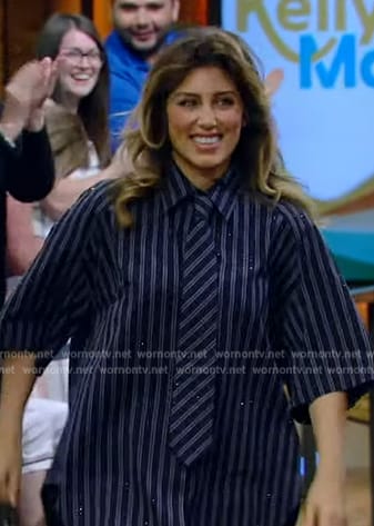 Jennifer Esposito's navy pinstripe top and pants on Live with Kelly and Mark