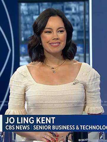 Jo Ling Kent's ivory ribbed ruffle dress on CBS Evening News