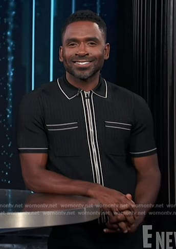 Justin's black contrast piping ribbed shirt on E! News
